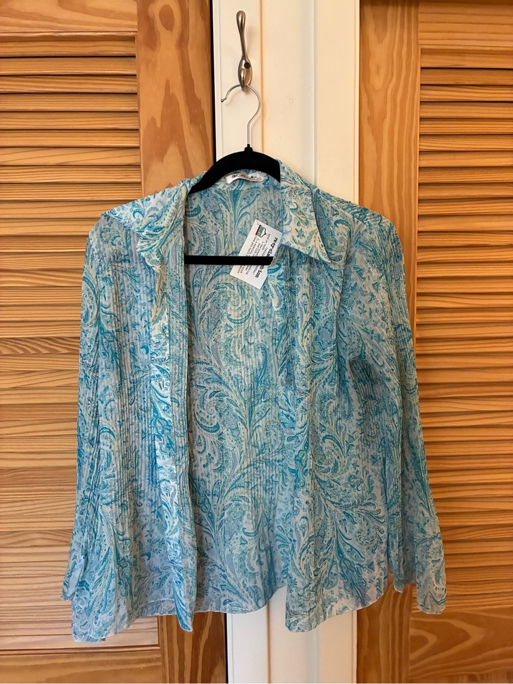 Light Blue Paisley Women's Open-Front Blouse flare sleeves size large mei na